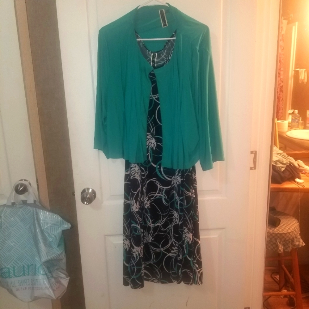 Size 24 Abstract Maxi Floral Dress with Teal Accents and Teal Jacket